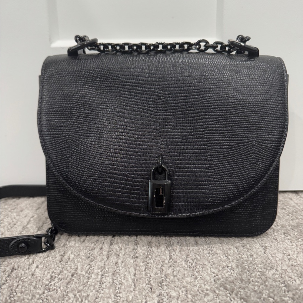 Cutest black lizard-embossed leather crossbody bag and shoulder bag